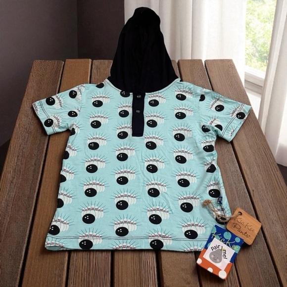 NEW KicKee Pants Blue Bowling Printed Short Sleeve Hoodie Tee Bamboo Size 4T - Picture 1 of 5